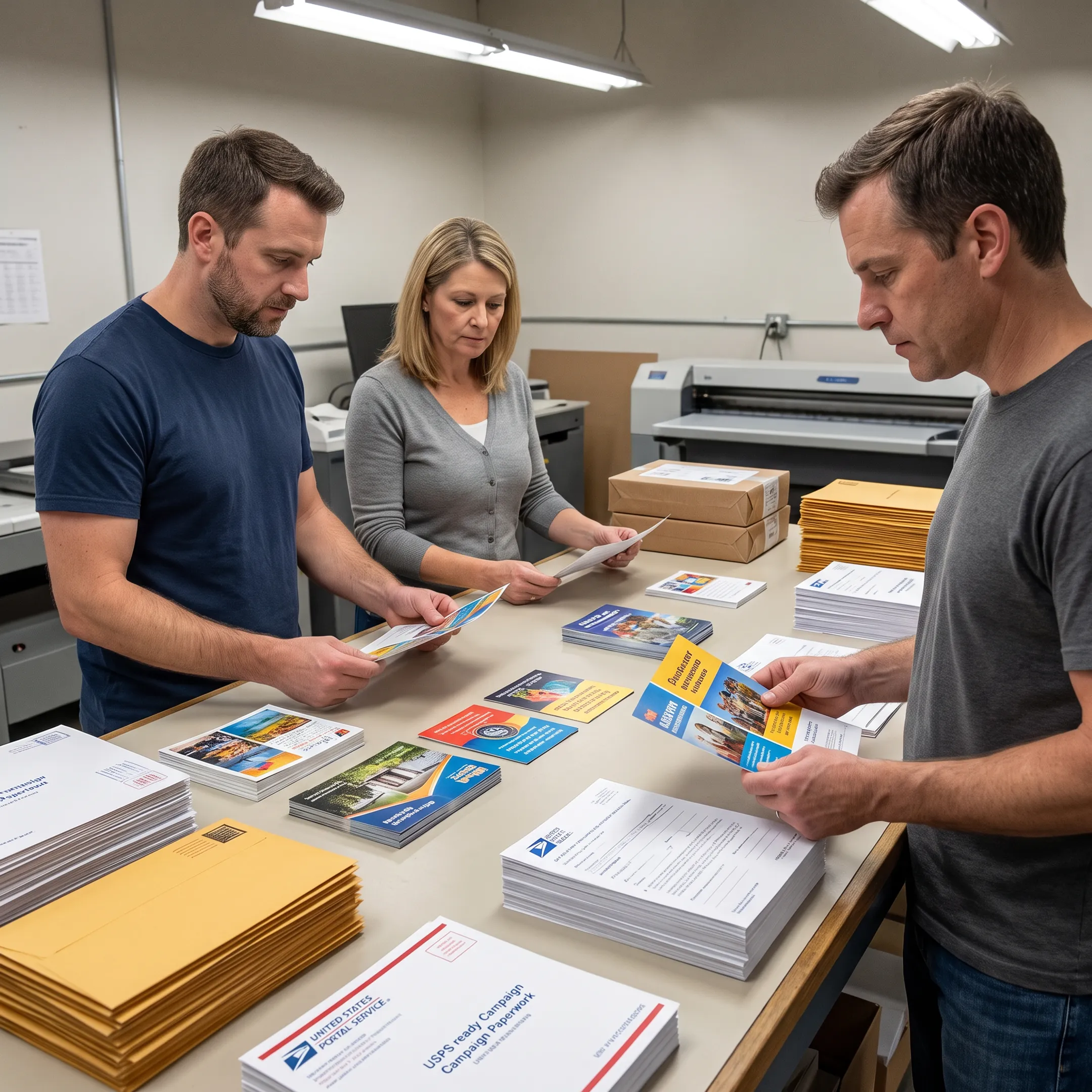 Mailing and printing team preparing postcards and brochures for USPS delivery