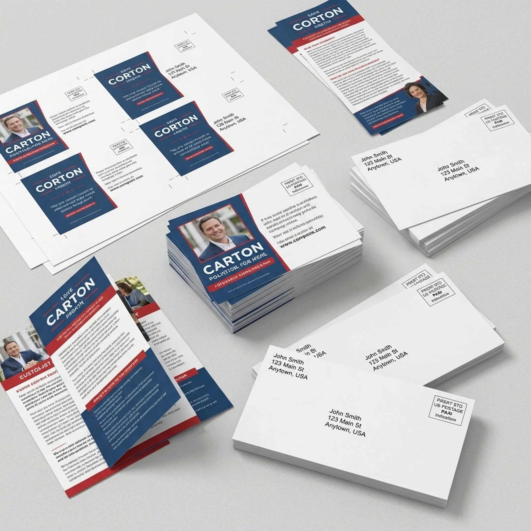 Printed postcards and brochures prepared for a direct mail campaign