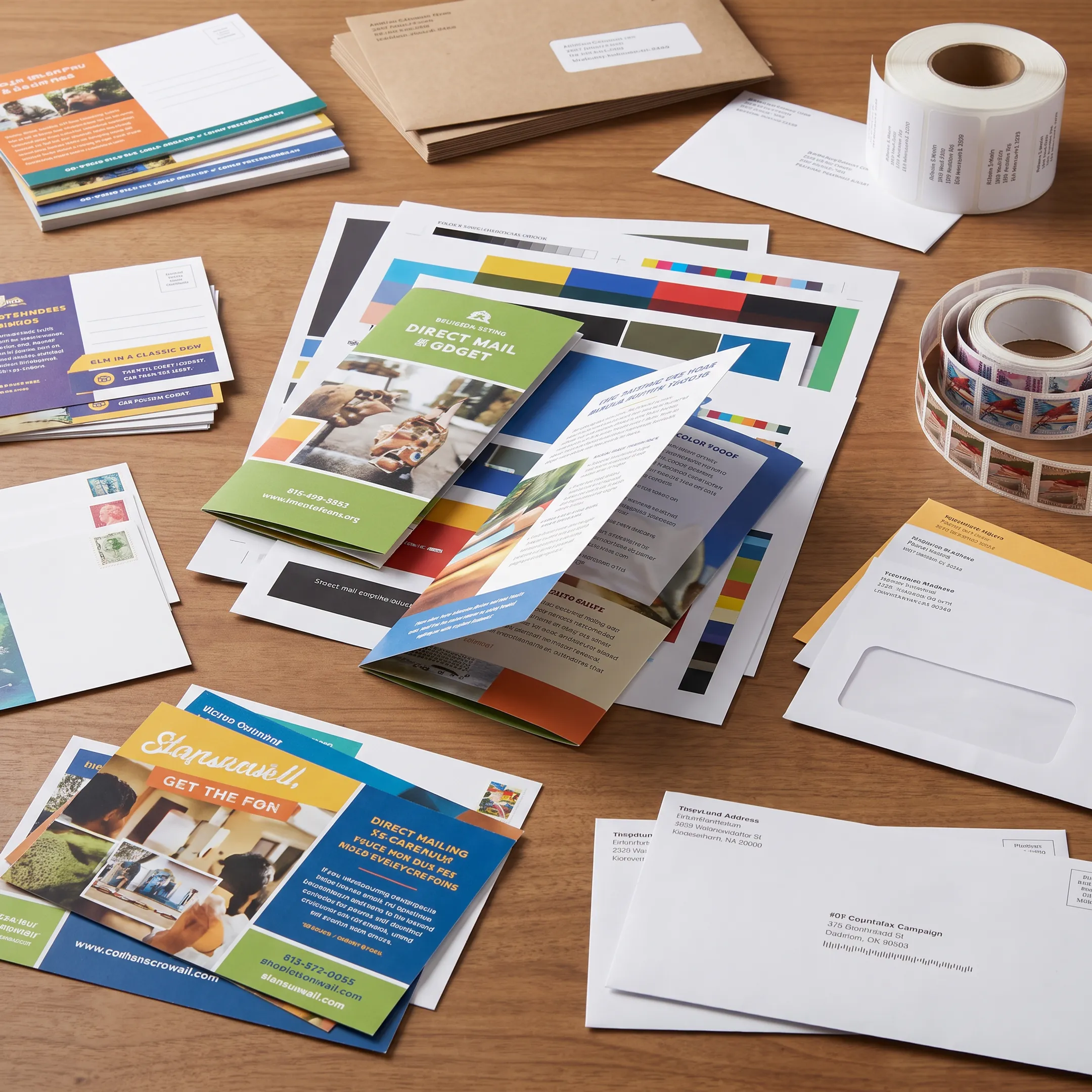 Designer reviewing a colorful direct mail postcard beside printed marketing pieces