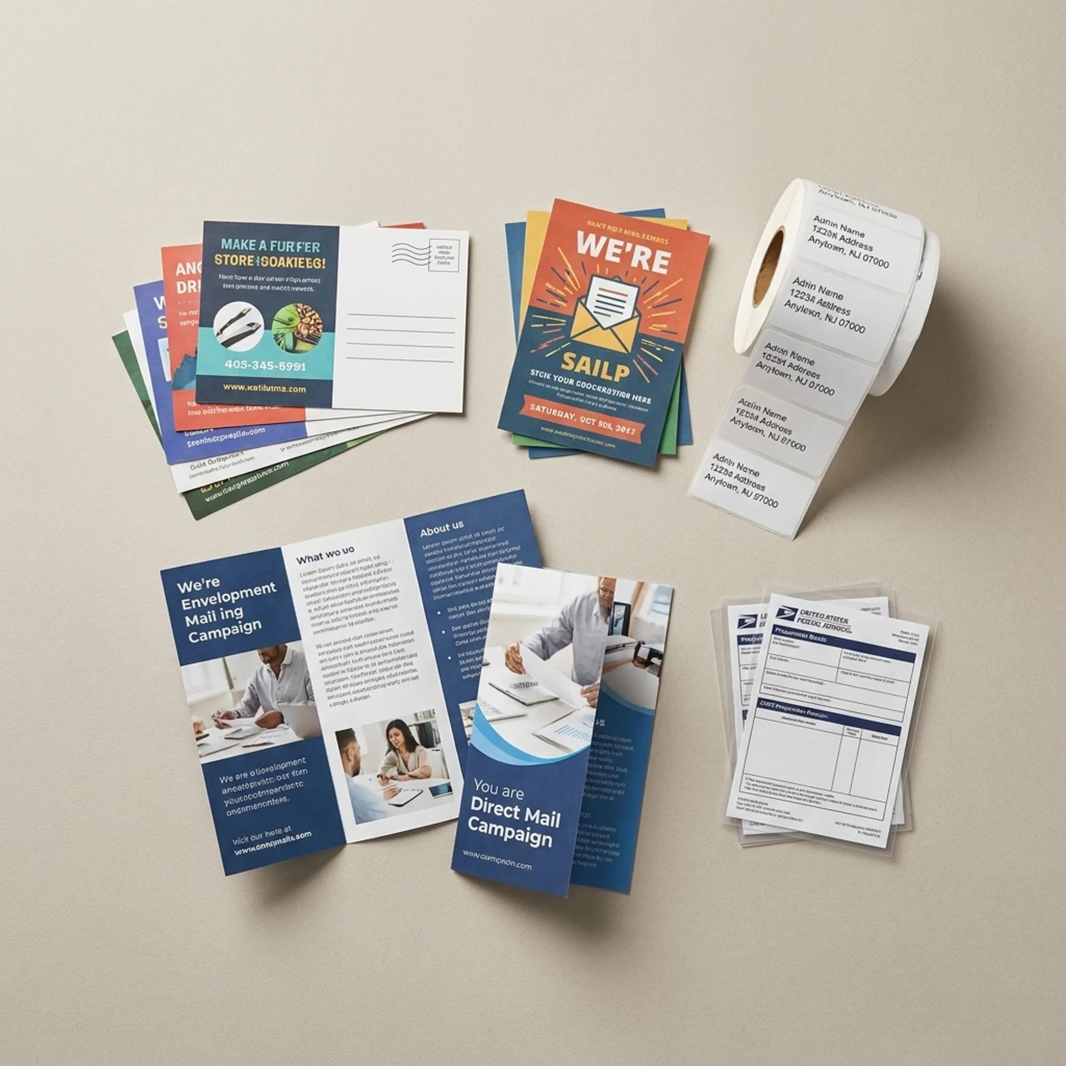 Professional direct mail campaign materials ready for USPS processing