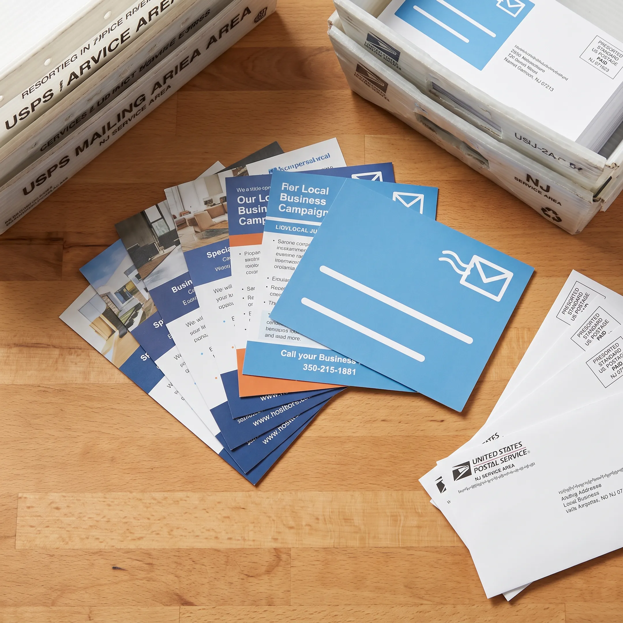 Direct mail postcards and brochures prepared for mailing to local households