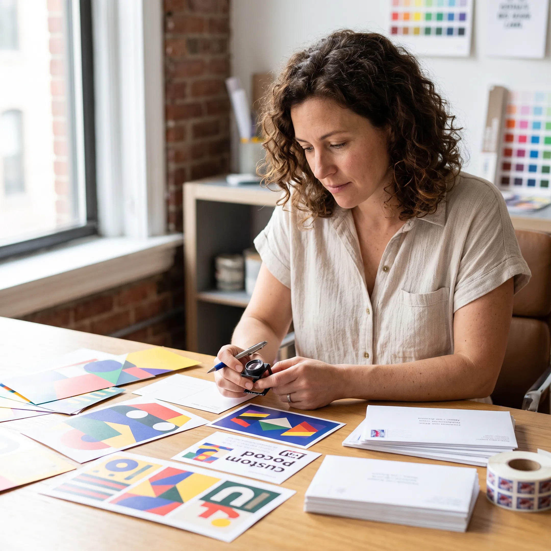 Custom postcards arranged beside a mailing package and design proofs