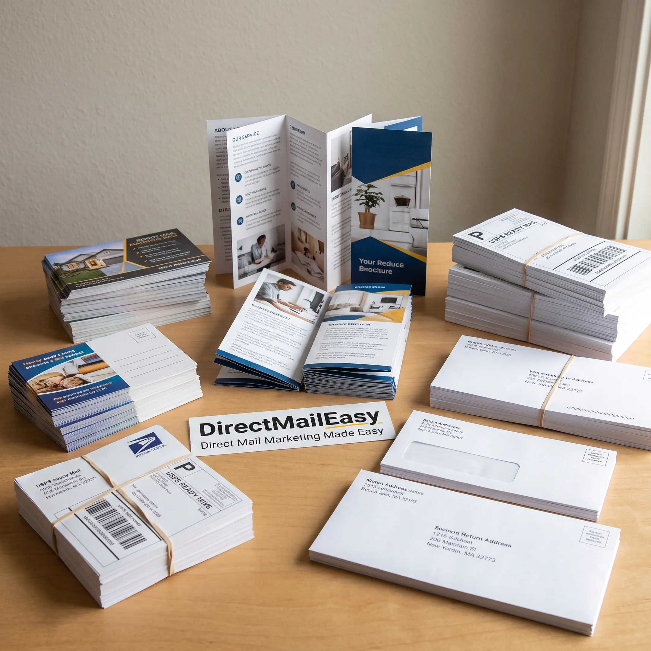 Printed direct mail campaign materials ready for mailing