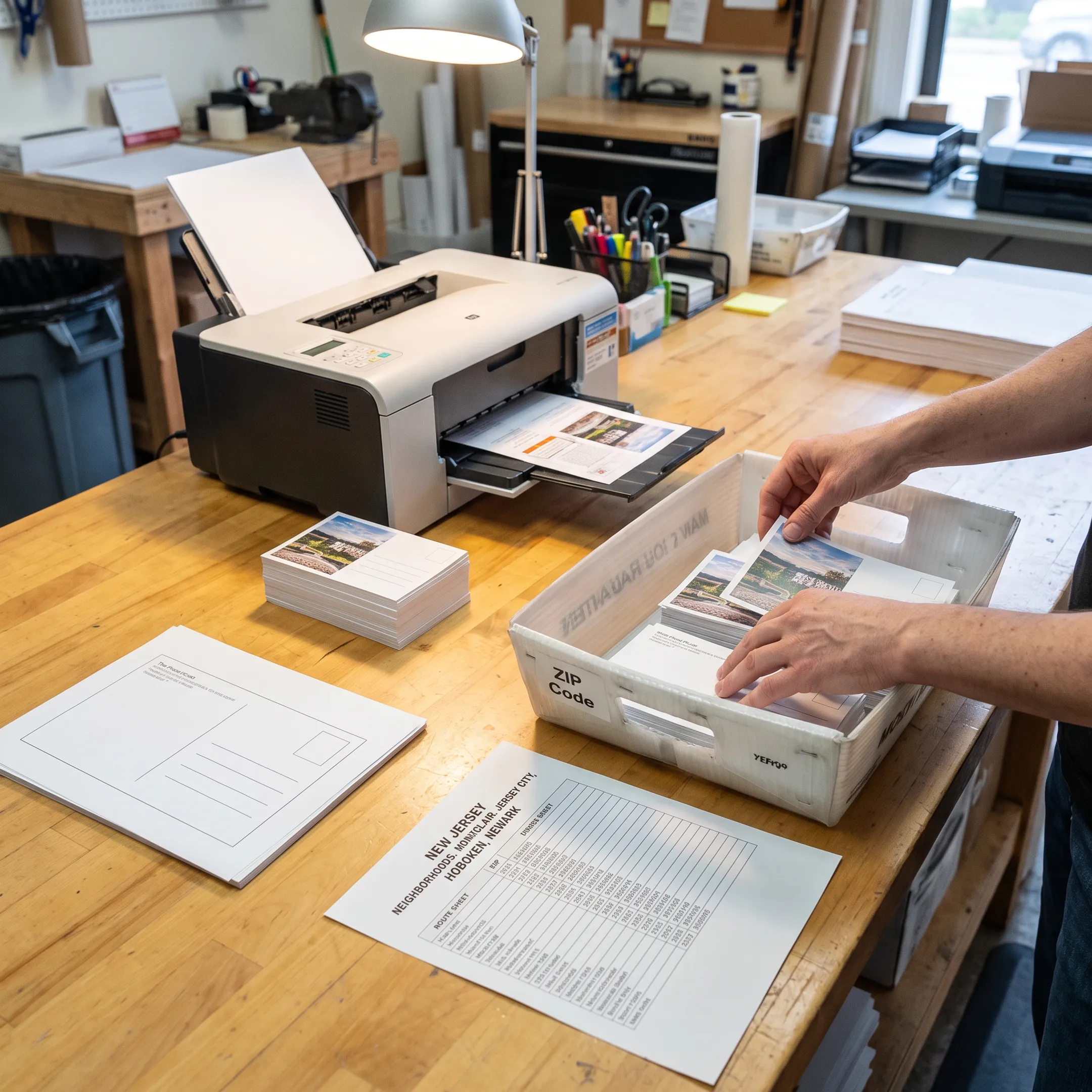 Direct mail postcards prepared for mailing to New Jersey households