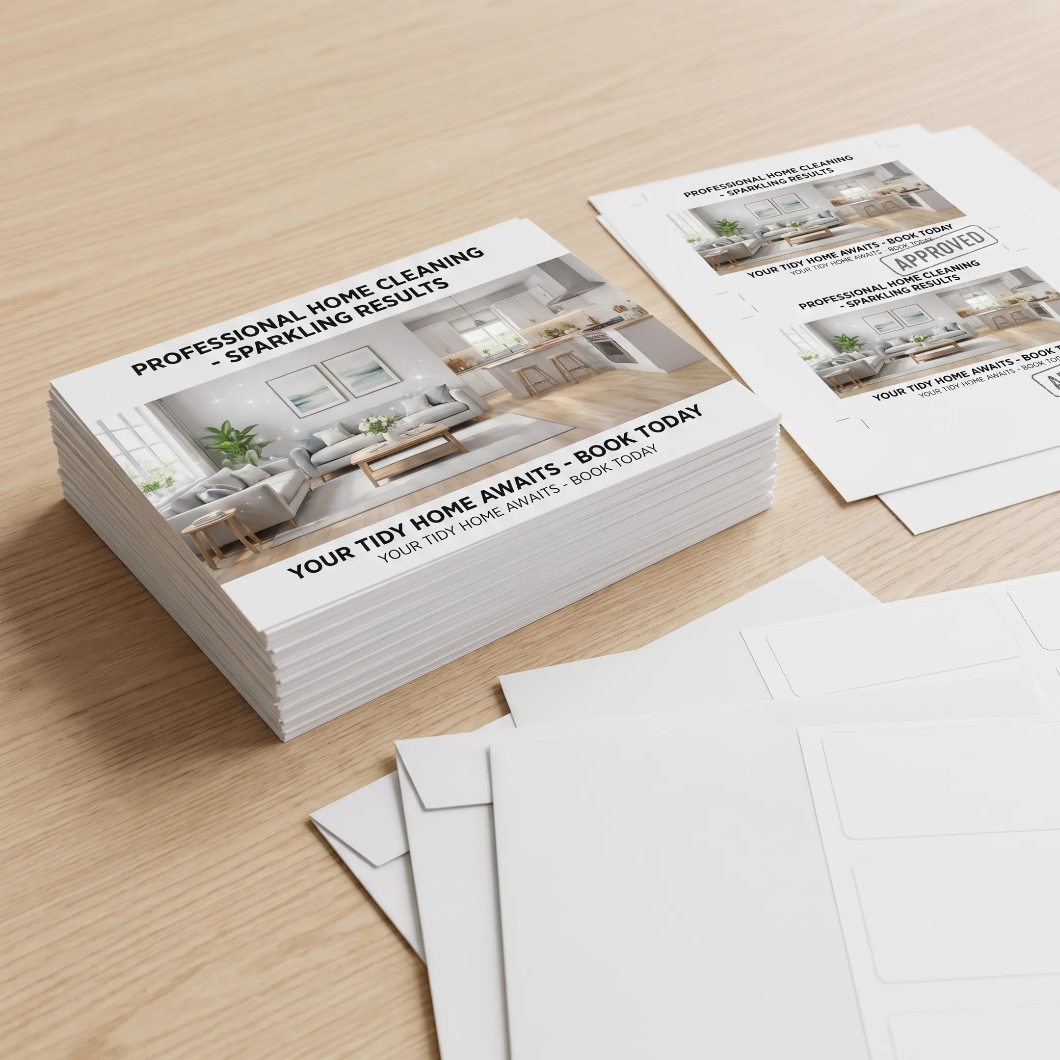 Printed cleaning service postcards ready for direct mail distribution