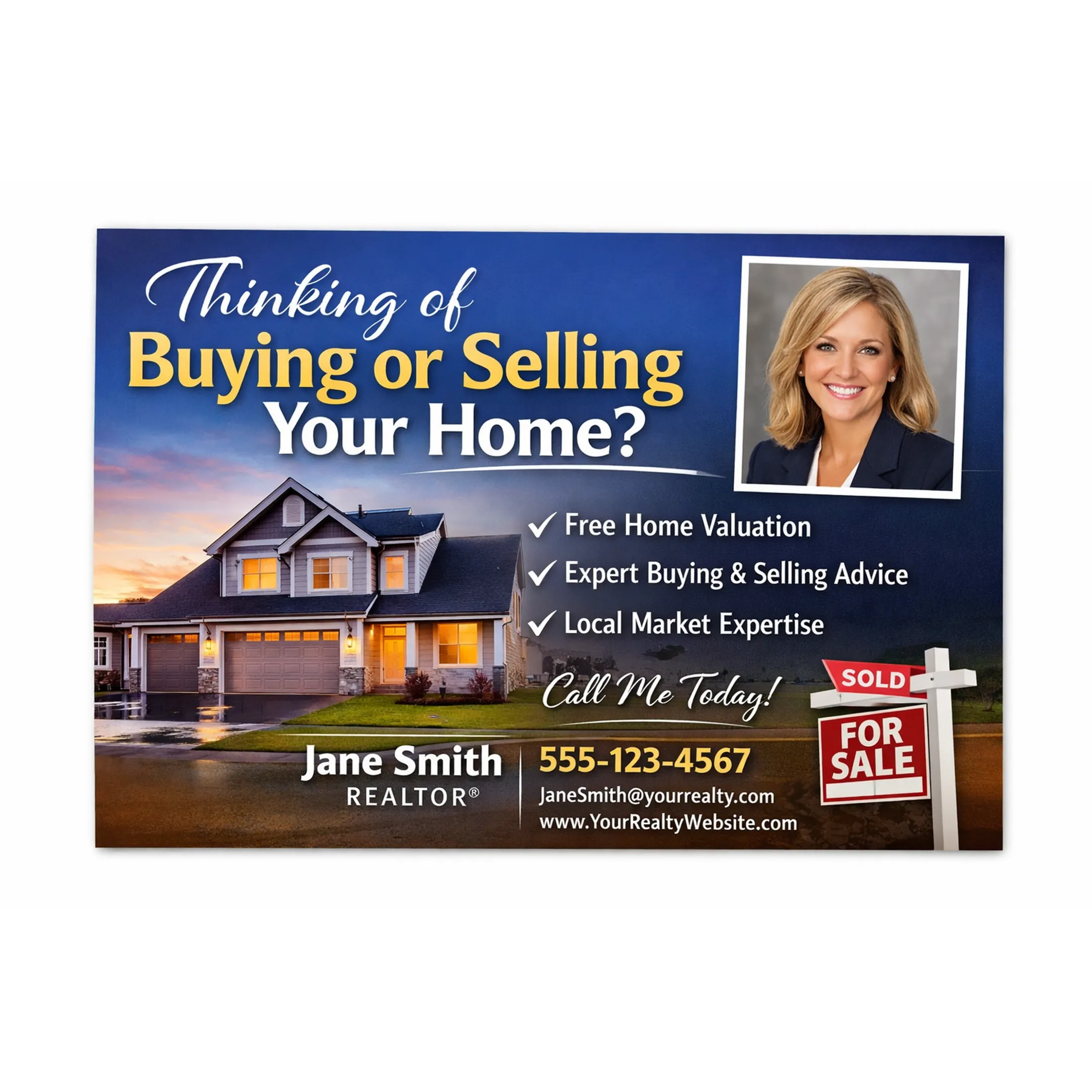 Commercial printer producing stacks of glossy real estate marketing postcards