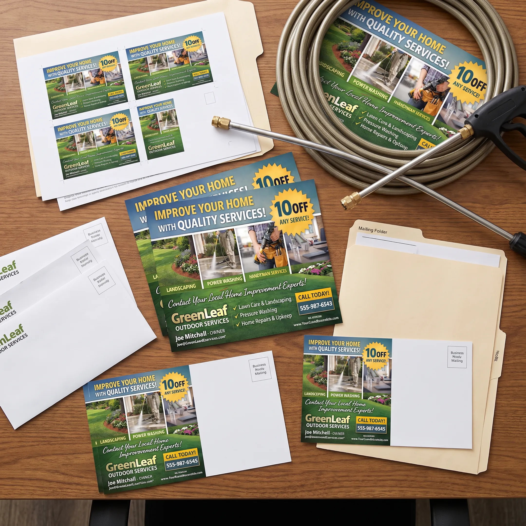 Pressure washing postcard design beside printed mailers and cleaning equipment