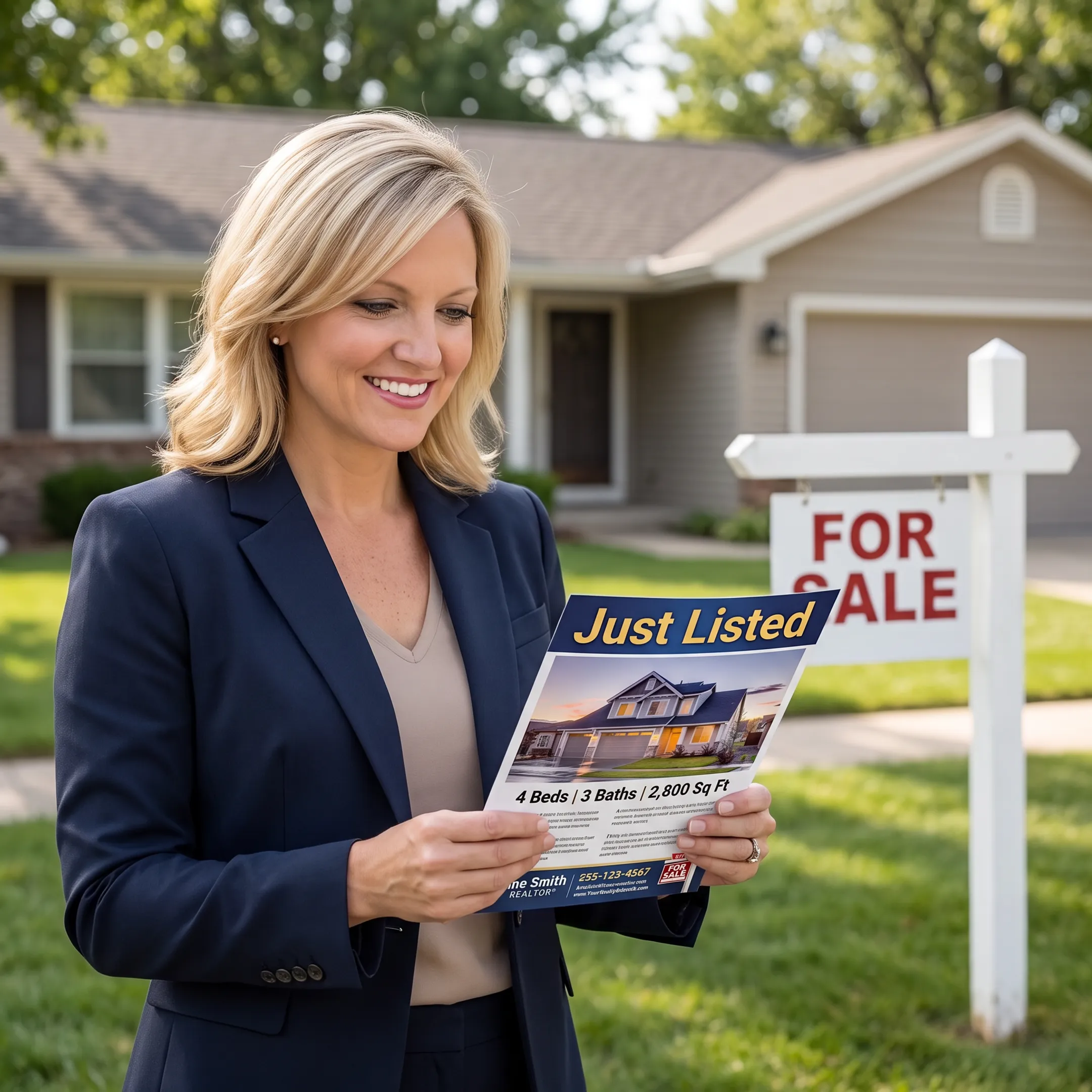 Real estate agent holding a polished just listed flyer beside a newly marketed home