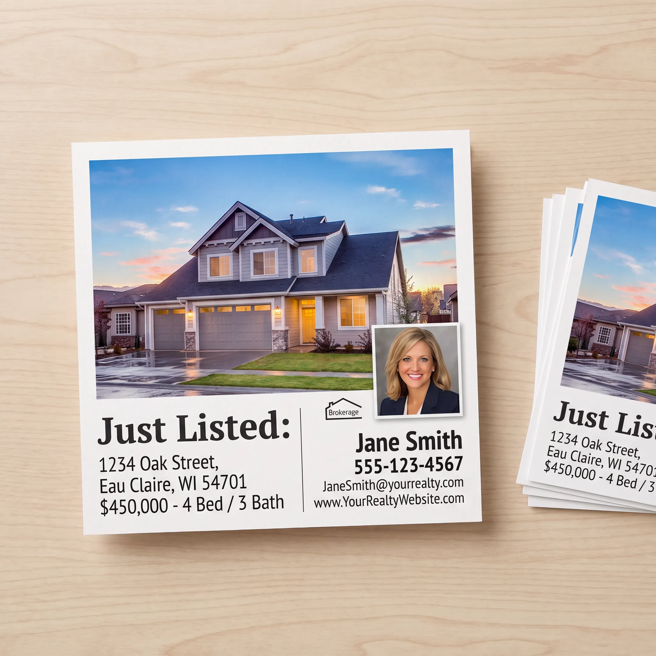 Professionally designed real estate flyer displayed with property marketing materials
