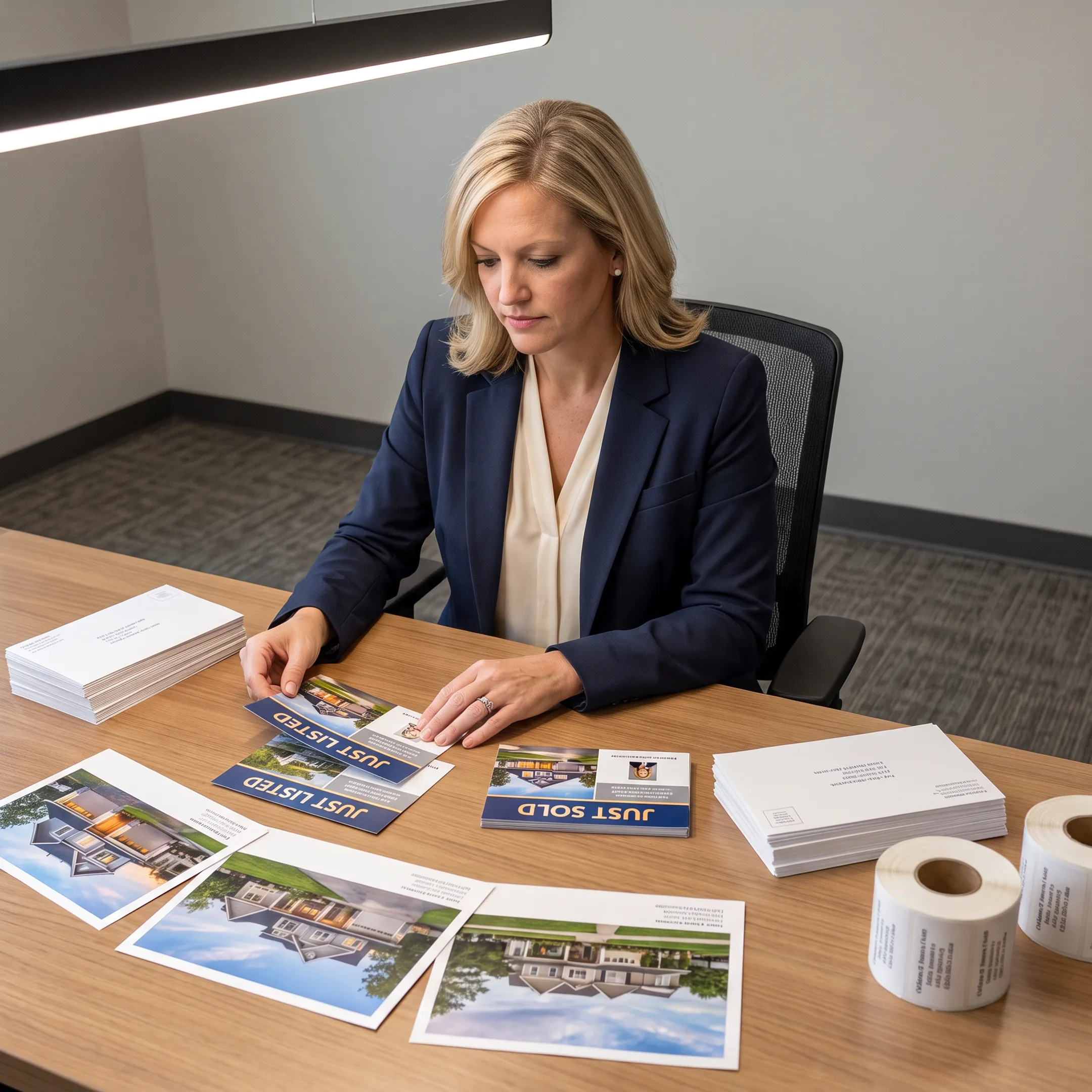 Real estate agent reviewing professionally designed marketing postcards
