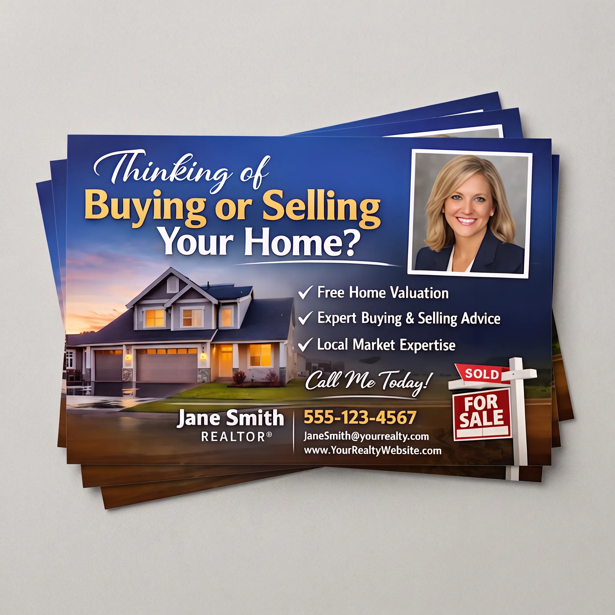 Real estate postcards featuring property listings and neighborhood marketing messages