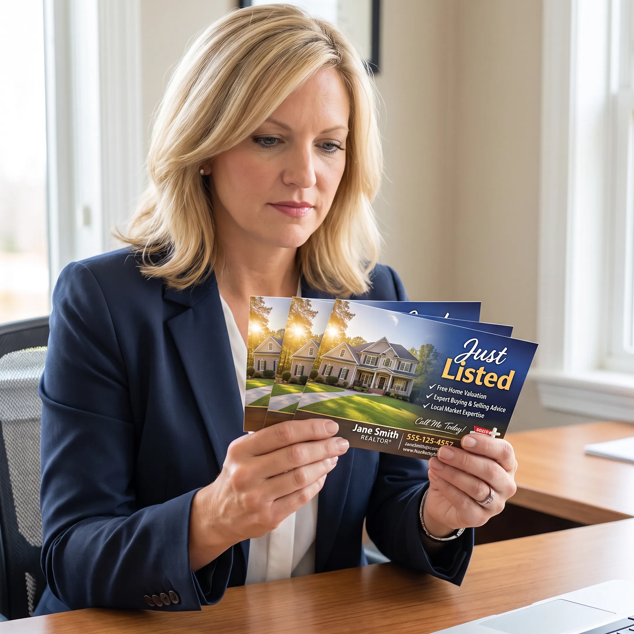 Real estate agent reviewing a just listed postcard featuring a newly marketed home