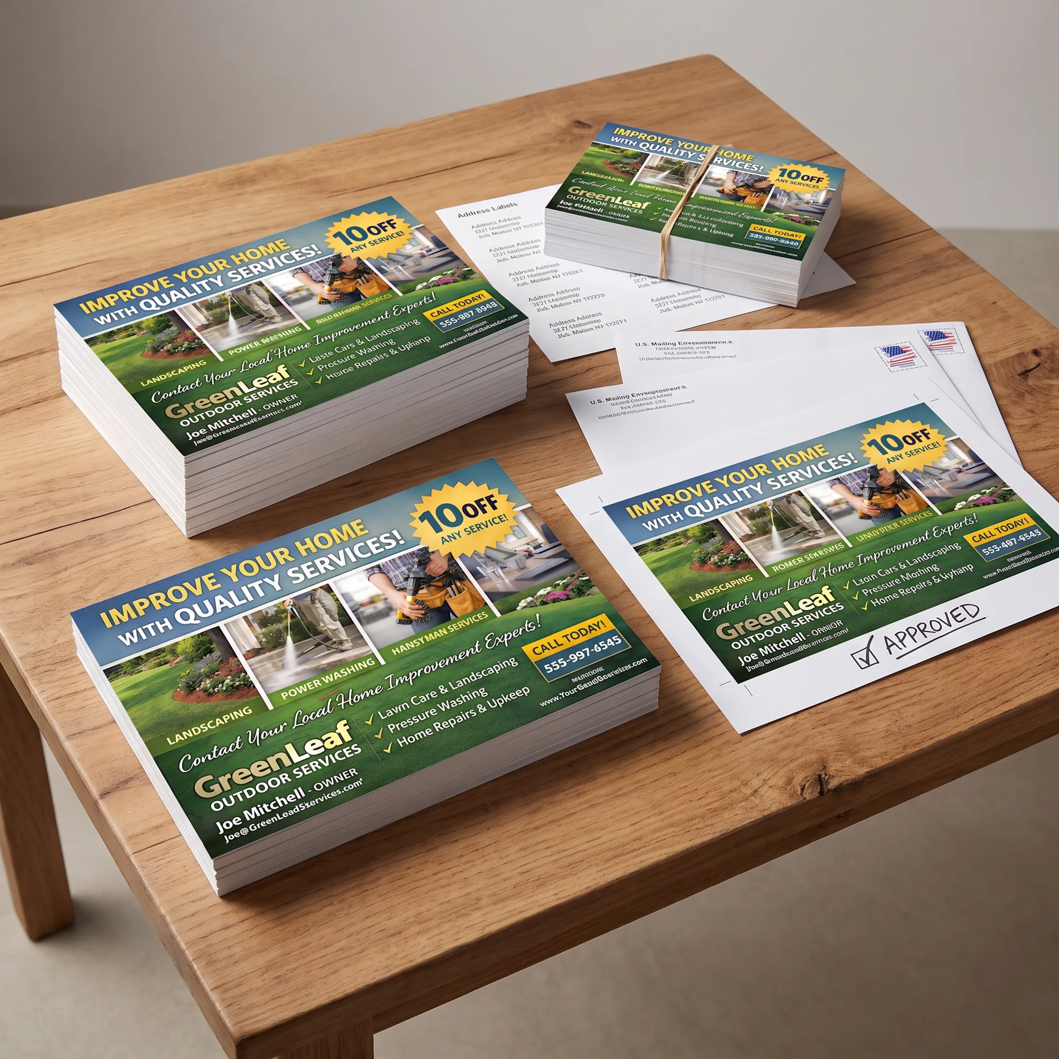 Printed HVAC postcards arranged for a direct mail campaign
