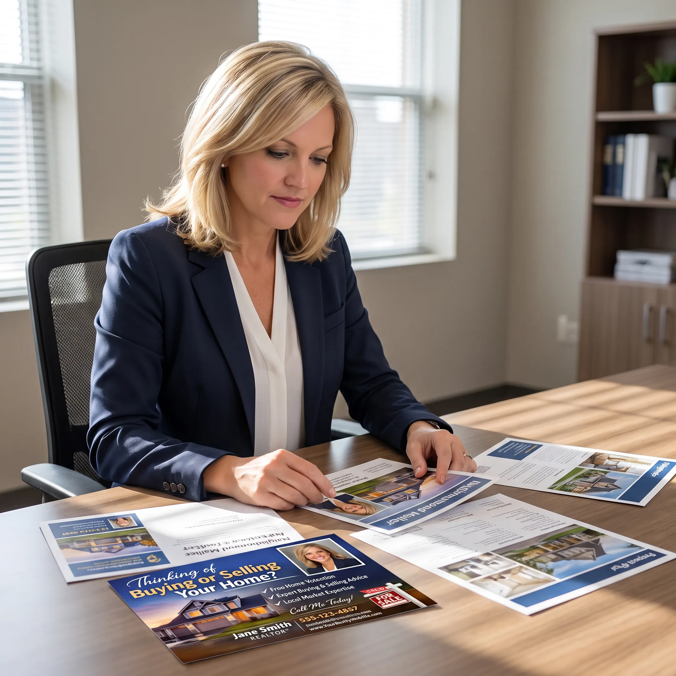 Real estate agent reviewing branded postcards and property marketing templates
