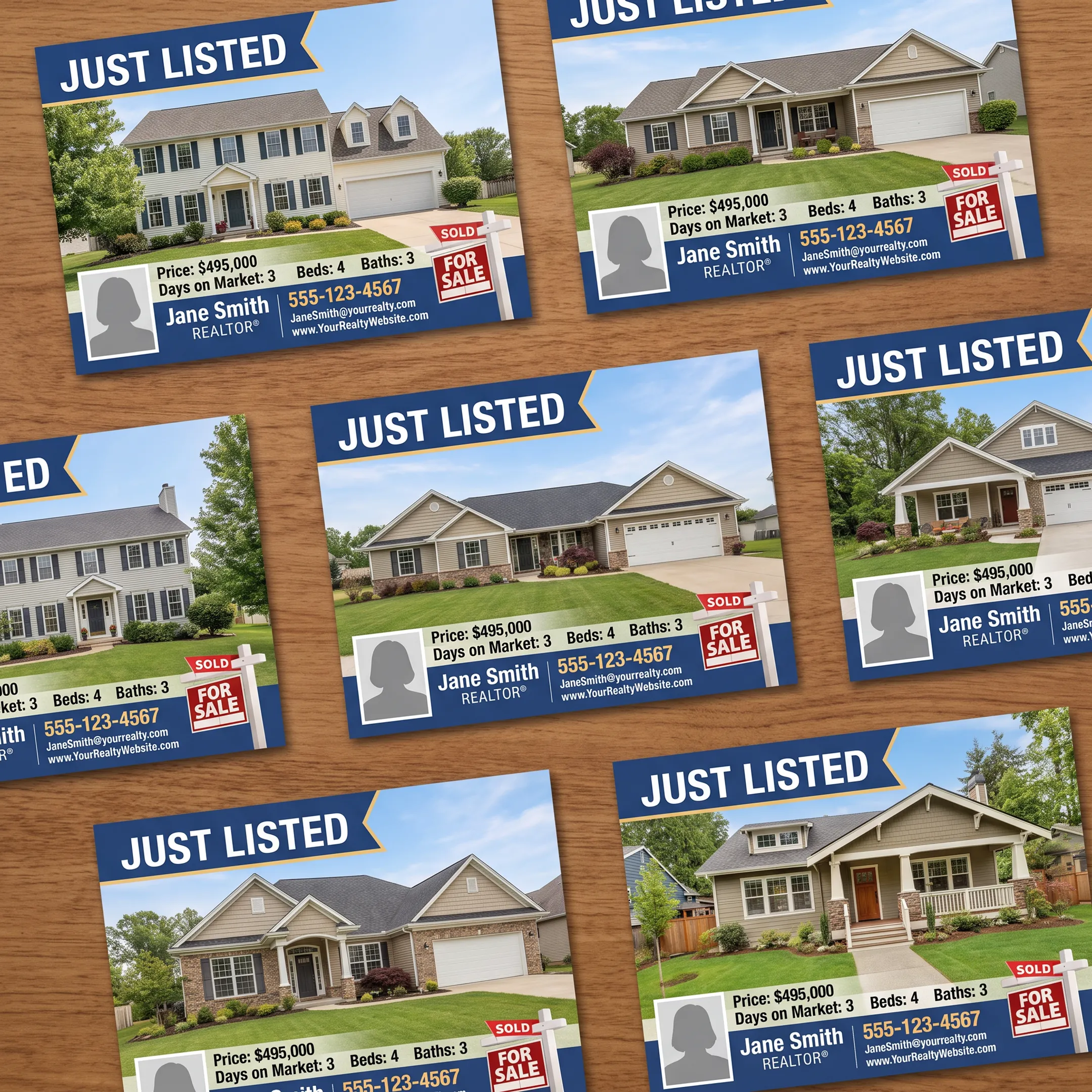 Branded real estate postcard designs arranged beside property photos