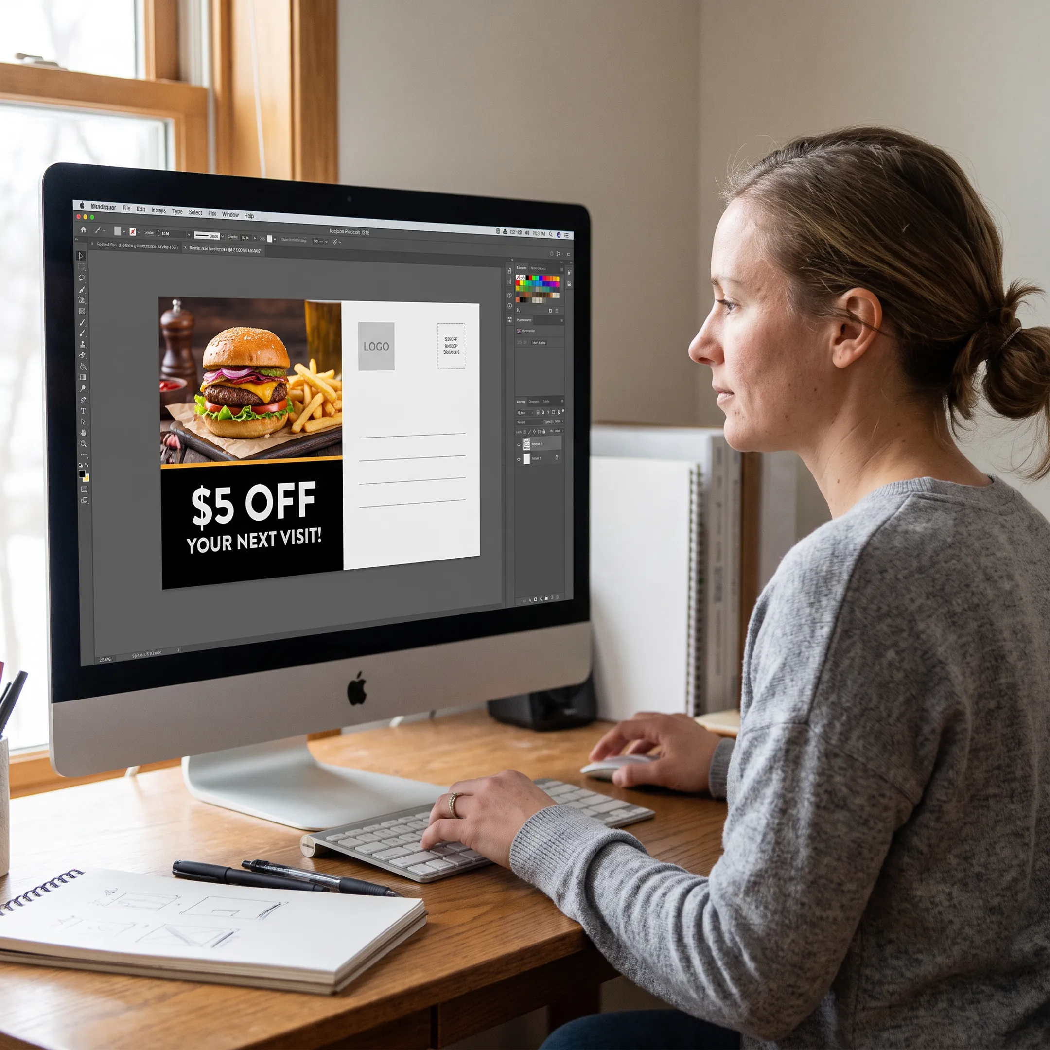 Designer creating a restaurant postcard campaign on a computer