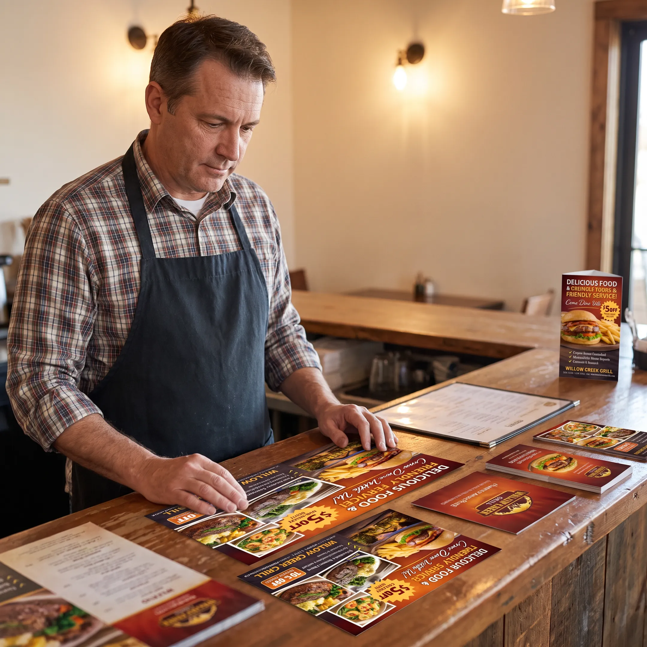 Restaurant postcard designs displayed beside printed promotional mailers