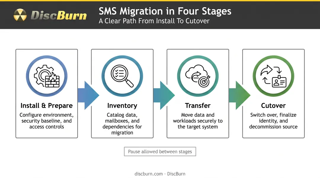 Four-stage Storage Migration Service workflow from install to cutover