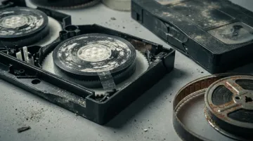 Deteriorated VHS tapes and film reels showing mold and decay