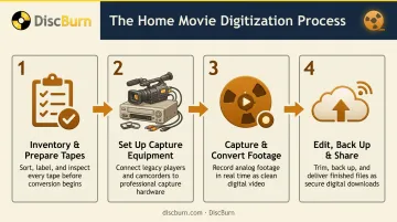 4-step home movie digitization process from inventory to backup