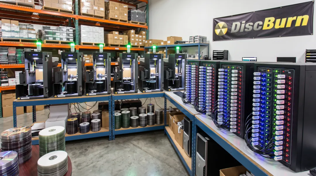 Disc and USB duplication production line handling bulk order volumes