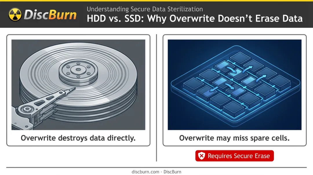 HDD versus SSD data storage mechanism comparison for wiping
