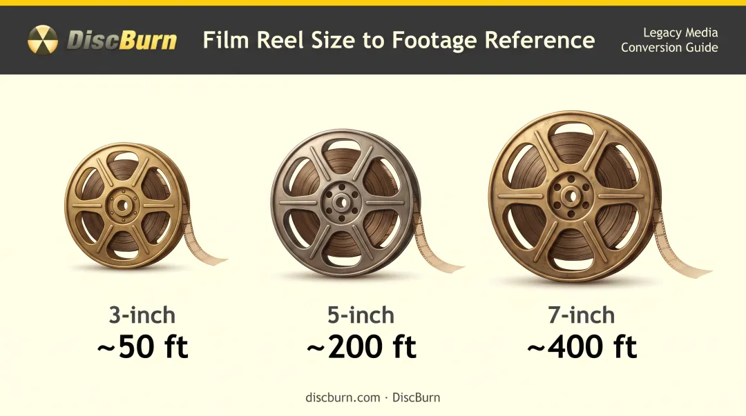 8mm film reel size chart showing footage length by reel diameter