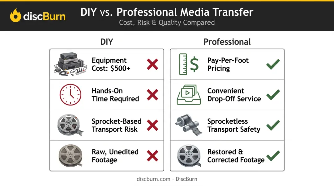 DIY versus professional 8mm film transfer cost and risk comparison
