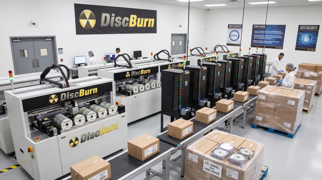 DiscBurn production facility with disc printing and USB duplication stations