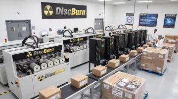 DiscBurn production facility with disc printing and USB duplication stations