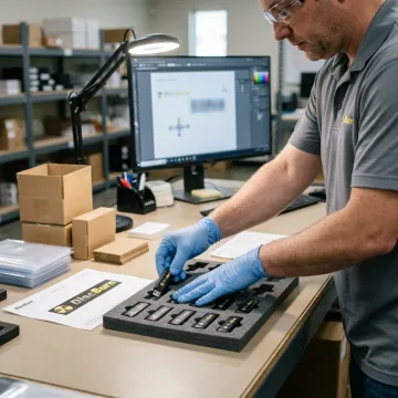 Technician preparing printed USB drives for delivery