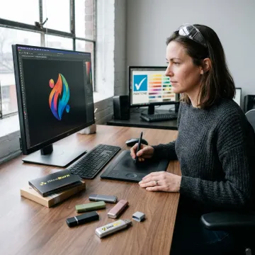 Designer preparing branded USB drive artwork
