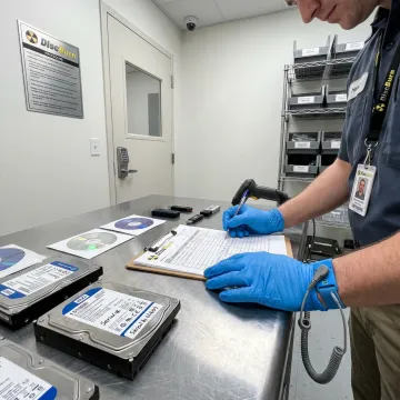 Technician documenting secure media destruction