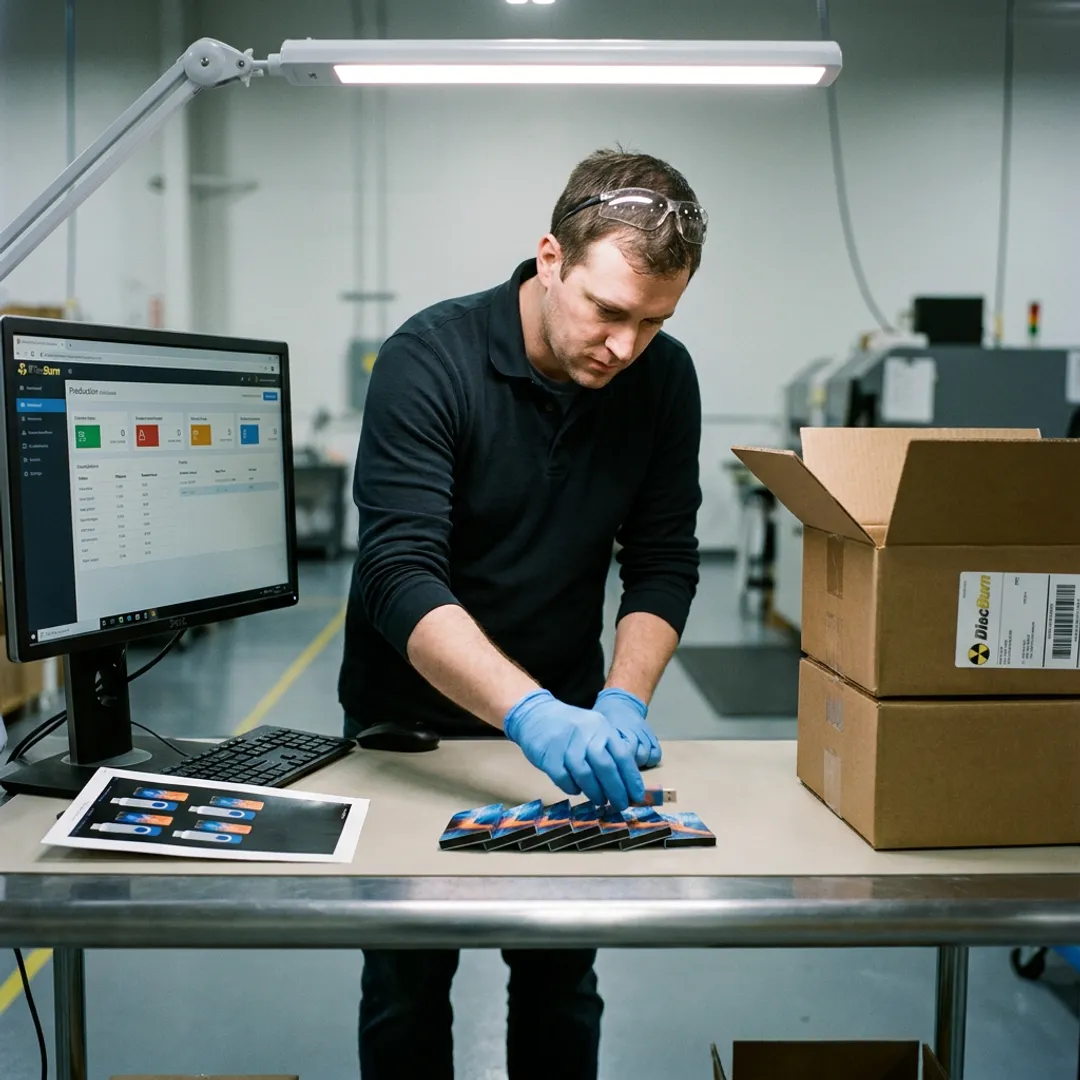 Technician preparing custom printed USB drives