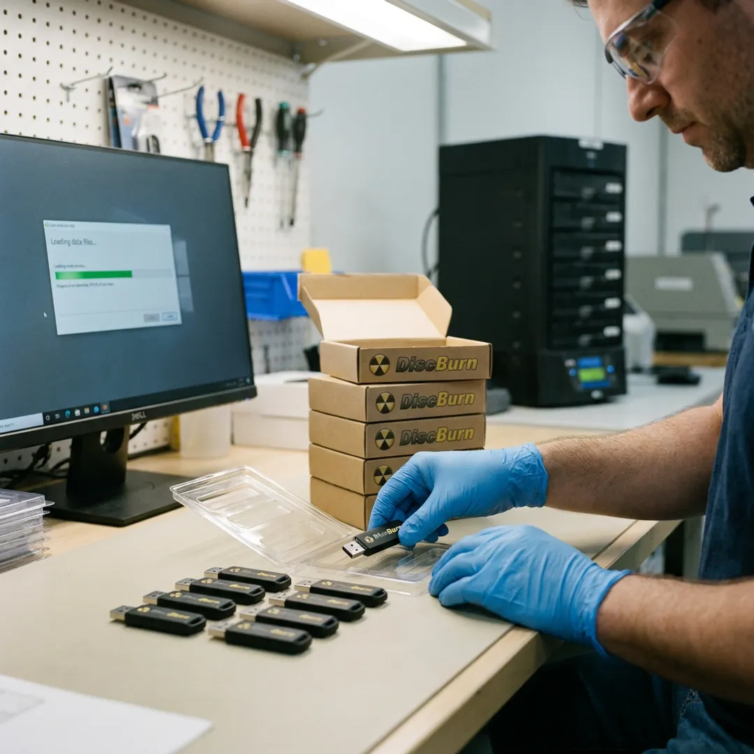 Technician preparing custom printed USB drives for fulfillment