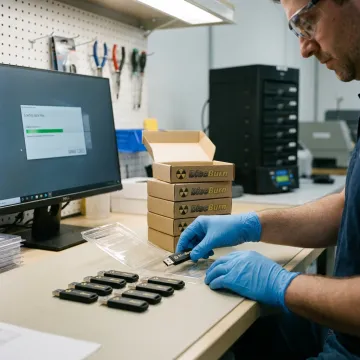 Technician preparing custom printed USB drives for fulfillment