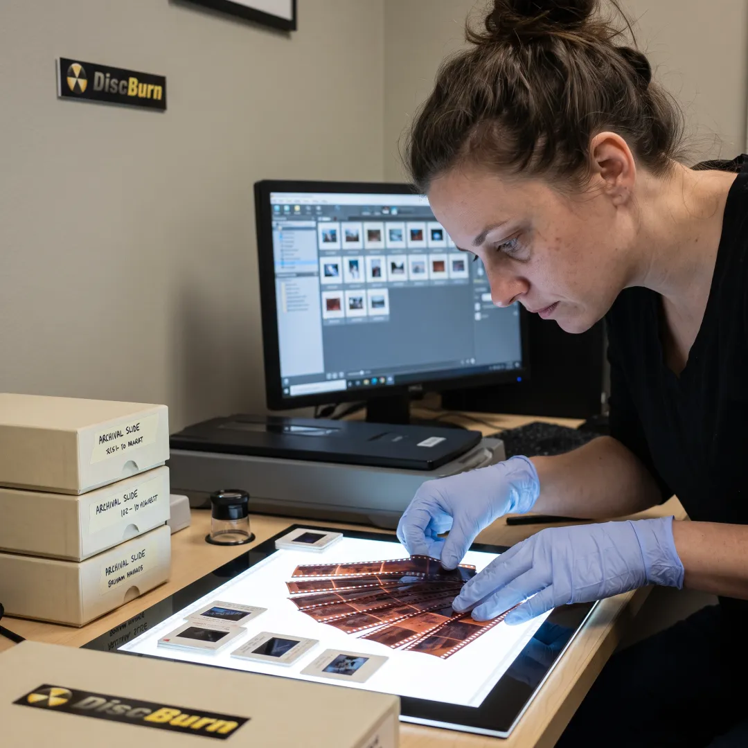 Technician organizing 35mm film for digitization