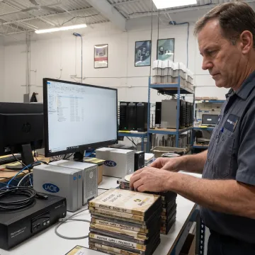Technician preparing DVDs for digital video conversion