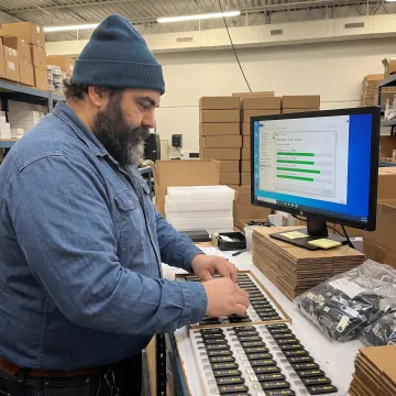 Technician preparing custom printed USB drives