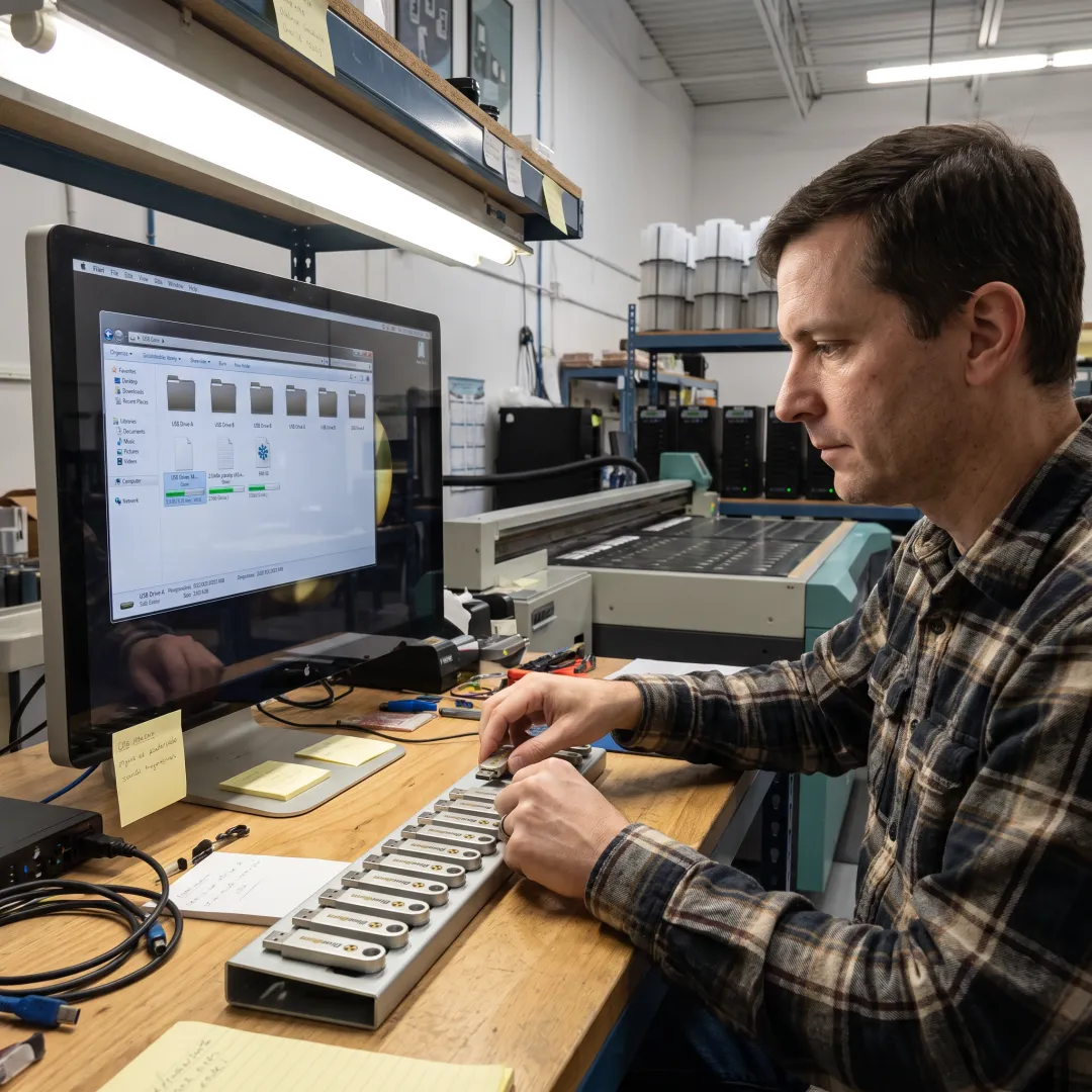 Technician preparing custom USB drives