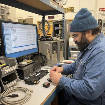 Technician preparing CompactFlash cards for duplication