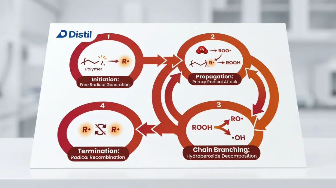4-stage polymer auto-oxidation chain mechanism process flow infographic