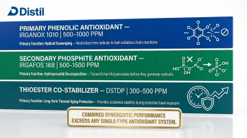 three-component antioxidant synergistic blend composition with ppm loading ranges