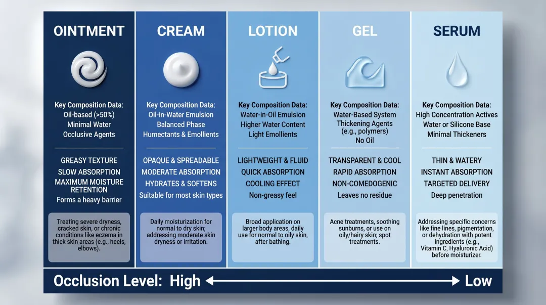 Topical vehicle type comparison chart showing ointment cream lotion gel and serum properties