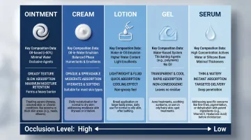 Topical vehicle type comparison chart showing ointment cream lotion gel and serum properties