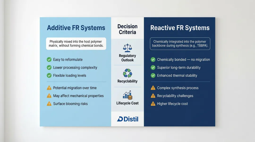 Additive versus reactive flame retardant systems advantages trade-offs comparison infographic
