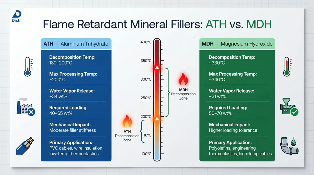 ATH versus MDH mineral filler flame retardant properties side-by-side comparison chart