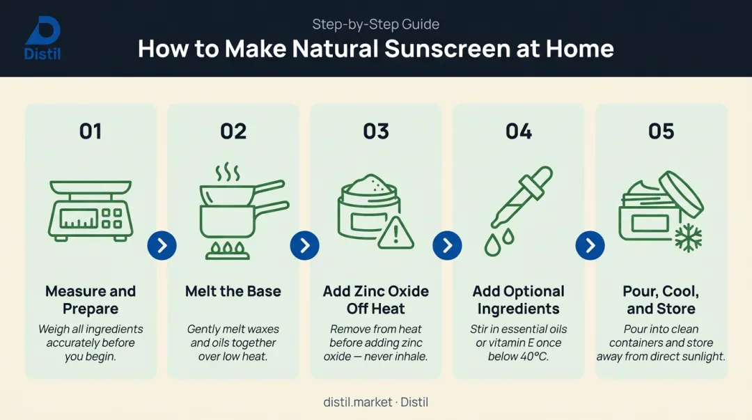 5-step homemade zinc oxide sunscreen making process flow diagram