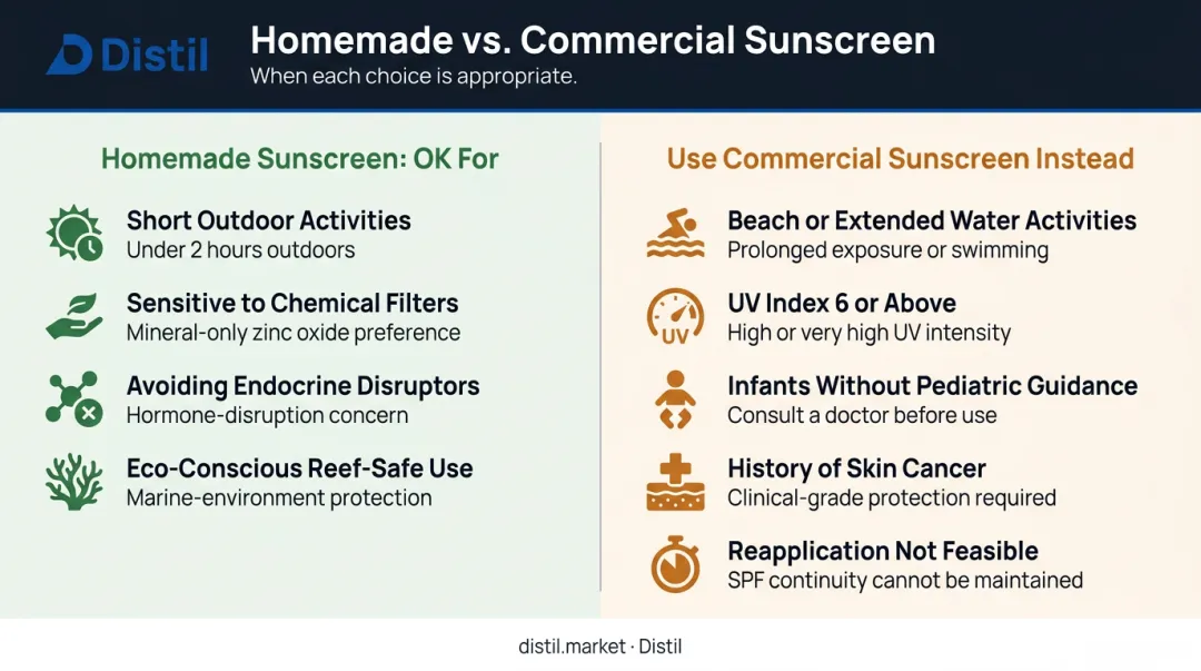 Homemade versus commercial sunscreen appropriate use cases side-by-side comparison