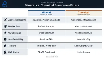 Mineral versus chemical sunscreen side-by-side comparison infographic with key dimensions